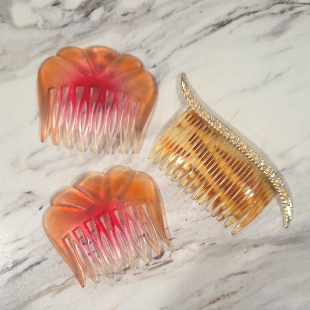 Vintage Hair Combs Set in Pink and Gold